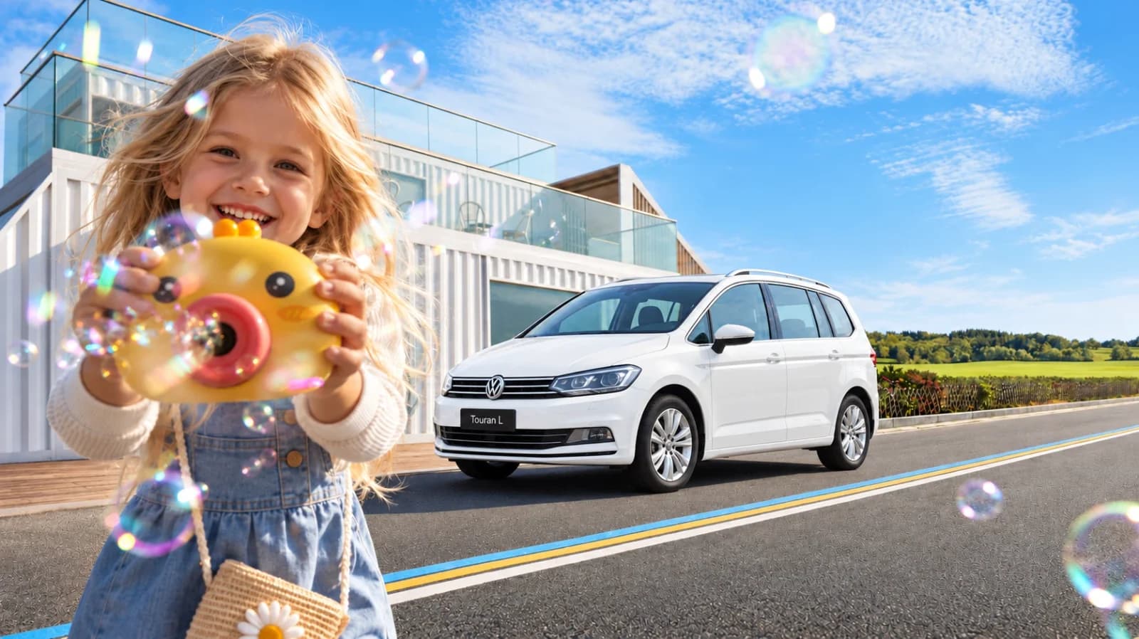 Volkswagen Touran L и девочка с мыльными пузырями у загородного дома
